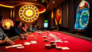 MM88 casino atmosphere with players at poker table and a vibrant slot machine.
