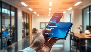 The Samsung Galaxy S8 showcasing its sleek design and vibrant display in a modern tech environment.