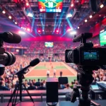 Engaging scene of Sports Broadcasting with dynamic equipment and enthusiastic audience.