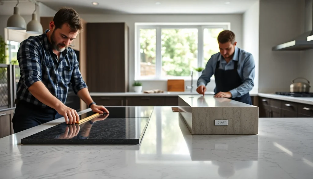 Craftsmen performing kitchen worktops replacement with stylish countertops in a bright kitchen.