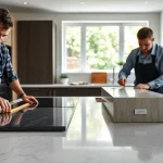 Craftsmen performing kitchen worktops replacement with stylish countertops in a bright kitchen.
