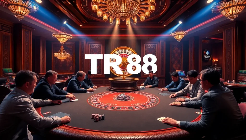 Players engaging in a poker game with vibrant TR88 chips on the table in a luxurious casino atmosphere.