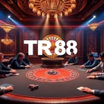 Players engaging in a poker game with vibrant TR88 chips on the table in a luxurious casino atmosphere.