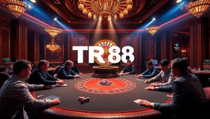 Players engaging in a poker game with vibrant TR88 chips on the table in a luxurious casino atmosphere.