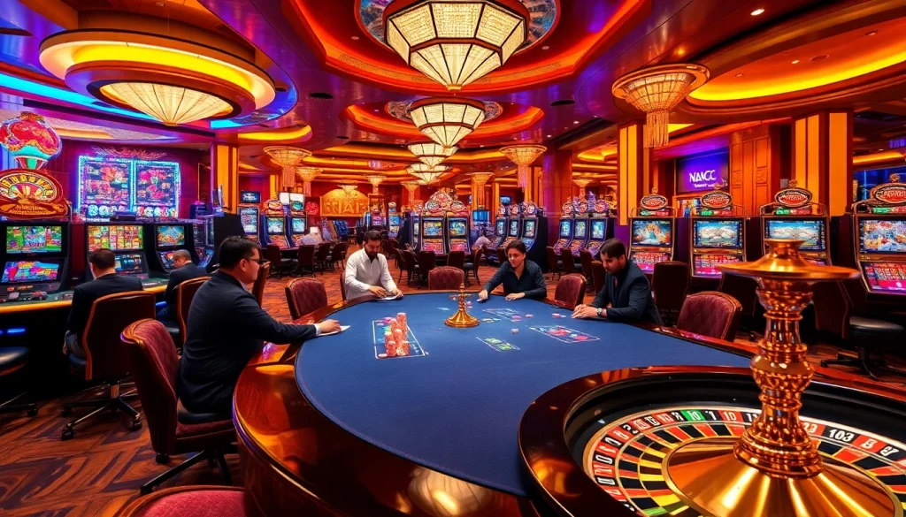Exciting gaming action at XX88 COM with vibrant poker tables and dazzling slot machines.