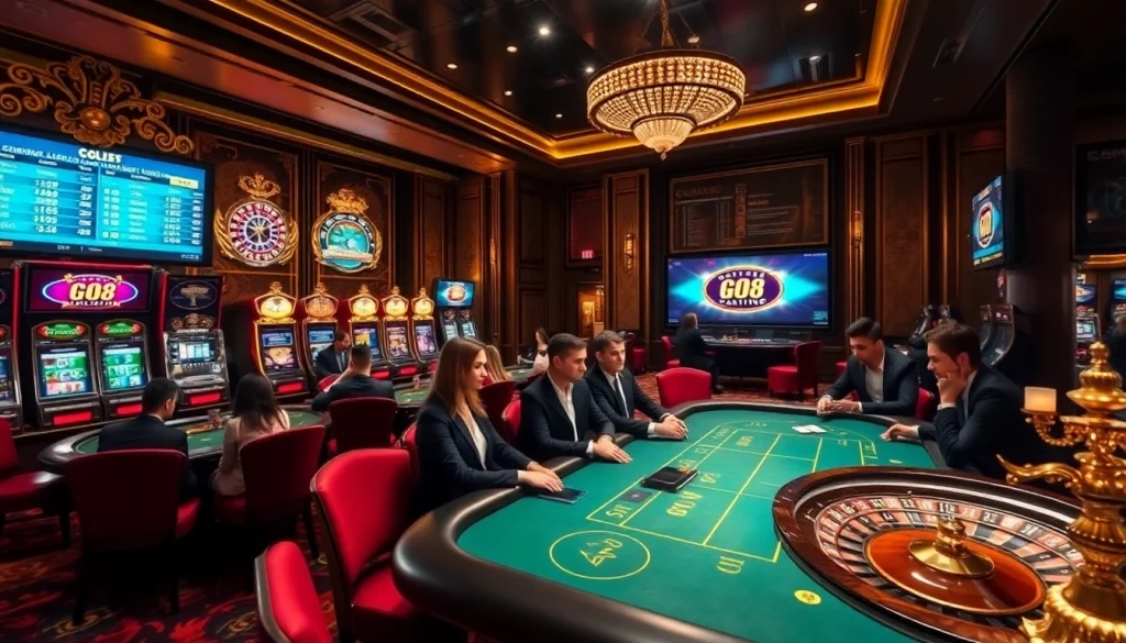 GO8 players strategizing at a luxurious casino poker table under warm lighting.