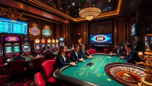GO8 players strategizing at a luxurious casino poker table under warm lighting.