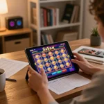 Engaging in สล็อตวอเลท gameplay on a tablet at home, surrounded by strategy notes.