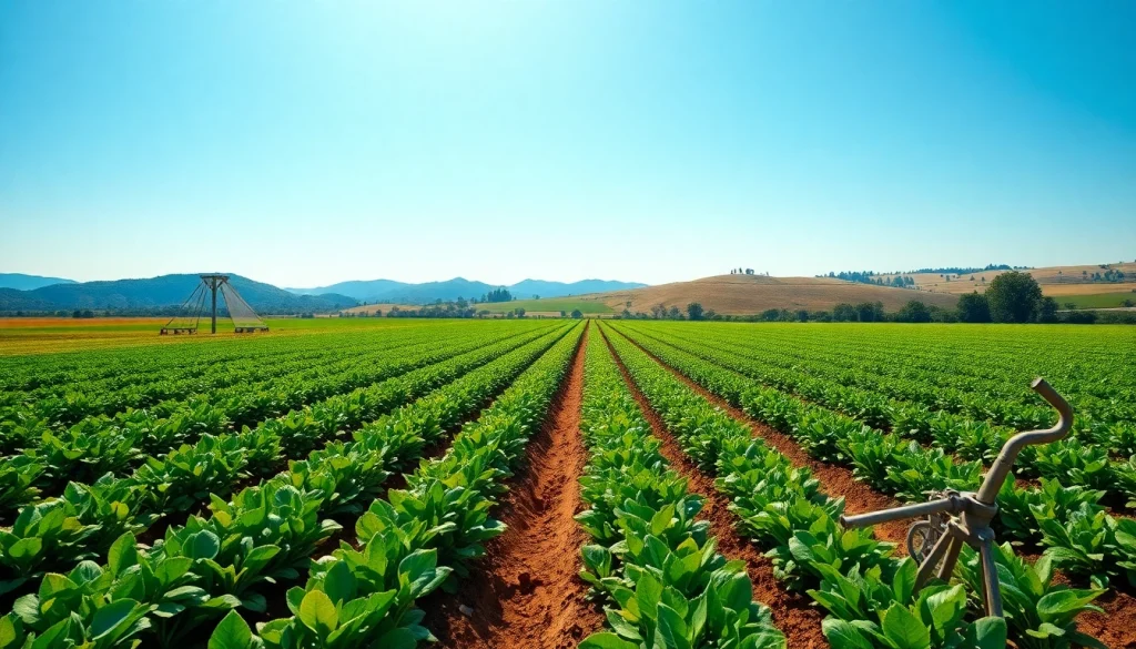 Land irrigation techniques displayed in a vibrant farmland setting, showcasing healthy crops.