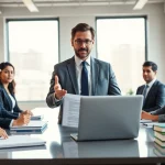 New York City injury lawyer consulting with legal team in a modern office.