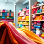 Bekijk stoffen online in een sfeervolle stoffenwinkel met een kleurrijke selectie van textiel.