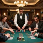 A competitive blackjack table scene with players showing strategic bets and focused expressions, highlighting giường bệnh nhân in a lively casino atmosphere.