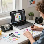 Designer crafting custom stickers at a colorful workspace with vibrant materials and creative tools.