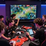Engaged gamers analyzing nổ hũ hubet88 betting during an intense esports match.
