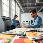 Visually stunning projects at an edmonton print shop showcasing vibrant prints and a designer in action.