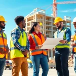Showcasing construction workforce development with professionals collaborating on-site.