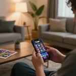 Player enjoys TG88 mobile casino game on smartphone in a cozy home setting with stylish decor.