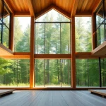 Structural Timber Frame building harmonizing with nature in a serene forest view.