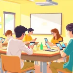 Students engaging with a smartphone solution in school life in a vibrant classroom setting.