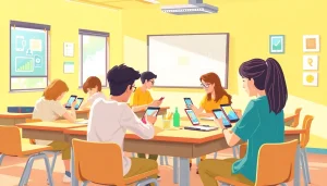Students engaging with a smartphone solution in school life in a vibrant classroom setting.