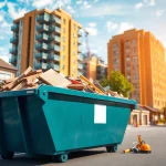 Efficient skip hire service showcasing a modern skip filled with debris in an urban setting.