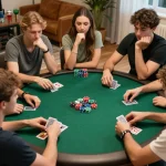 Friends engaging in a lively poker game at home, showcasing strategy and camaraderie, TG88
