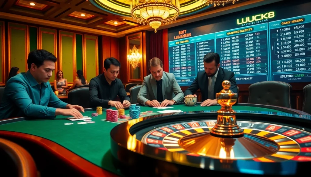 Experience high-stakes poker action at LUCK8 casino with vibrant chips and cards.