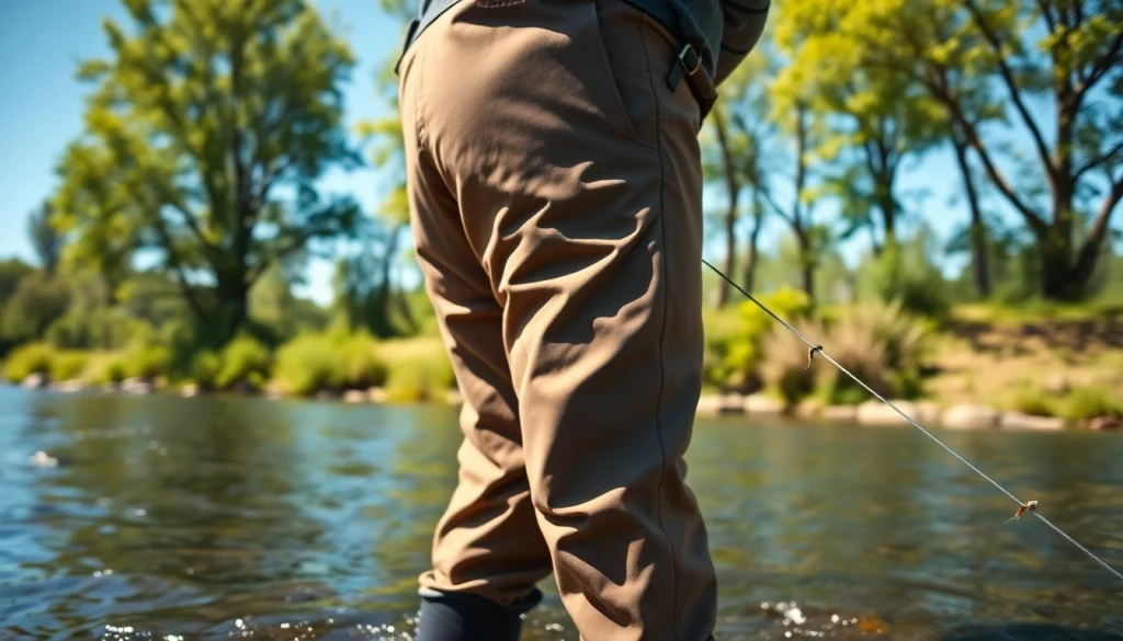 Angler casting a line wearing fly fishing waders in a serene river setting, highlighting wader features.