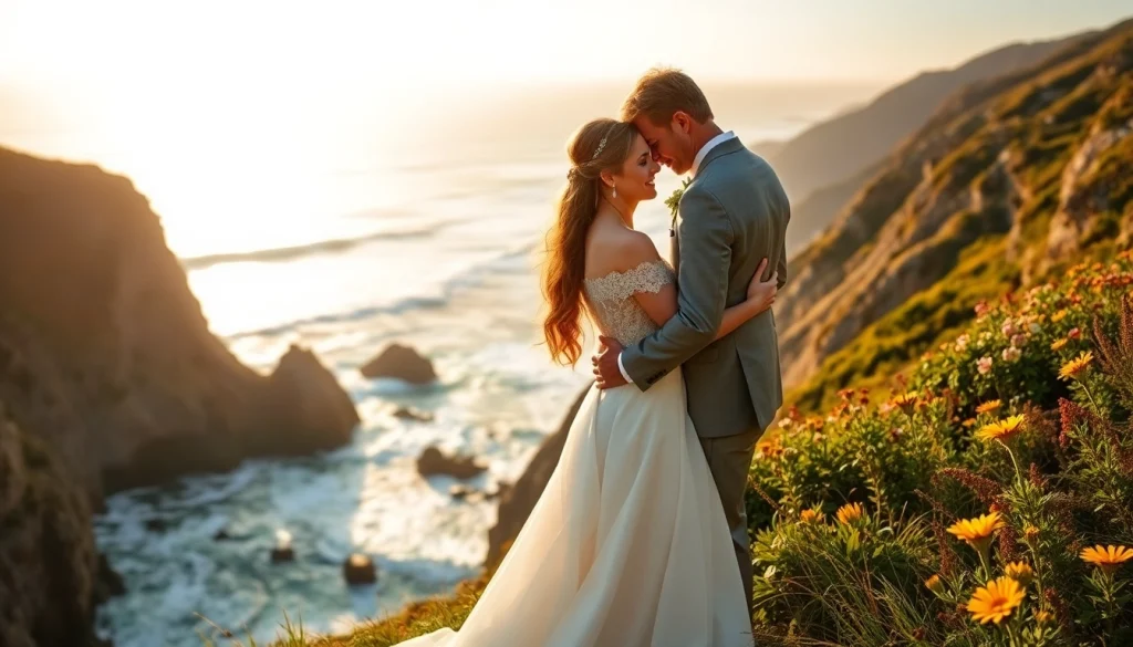 Big Sur wedding photographer captures a romantic couple on a cliff against a stunning coastal backdrop.