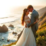 Big Sur wedding photographer captures a romantic couple on a cliff against a stunning coastal backdrop.