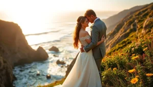 Big Sur wedding photographer captures a romantic couple on a cliff against a stunning coastal backdrop.