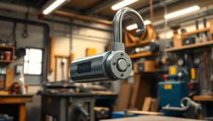 Freelock zeigt ein robustes Schlösselement in einer modernen Werkstatt.