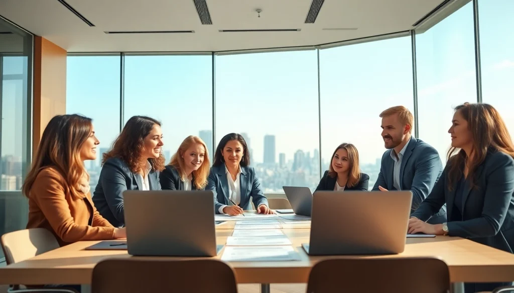 Collaborative consultants discussing Federal and State contracts pre-post award compliance in a vibrant office.