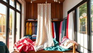 Bekijk stoffen webshop nederland met diverse kleurrijke materialen in een gezellige setting.