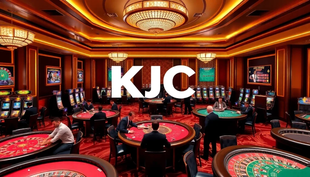 KJC logo shining at an upscale casino with gamblers enjoying poker and roulette.