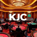 KJC logo shining at an upscale casino with gamblers enjoying poker and roulette.