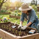 Setting for groene asperges zaaien in a home garden with gardener planting asparagus seeds, surrounded by tools and greenery.