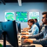 Collaborating on remote software development jobs in a vibrant office space with tech-savvy decor.