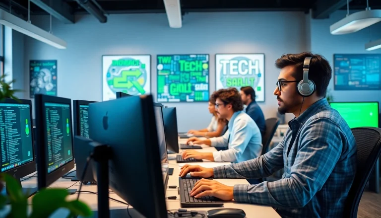 Collaborating on remote software development jobs in a vibrant office space with tech-savvy decor.