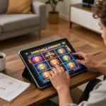 Permainan menarik di rumah dengan permainan slot link yang ditampilkan di tablet, menunjukkan perjudian online yang strategis.