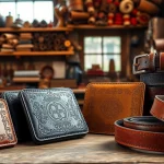 Showcase of Tooled Leather goods with intricate designs in a rustic workshop setting.
