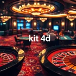 Adegan kasino yang menarik menampilkan Kit 4D dengan meja poker yang cerah dan roda roulette yang mewah.