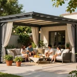 Elegant outdoor space featuring a software configuratore pergole for customizable pergola experiences, ideal for family gatherings.