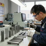 Tehnician inspectând arcuri ciur într-un atelier industrial vibrant.