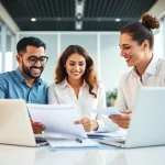 Facilitator guiding clients through the US bank account setup process in a professional environment.