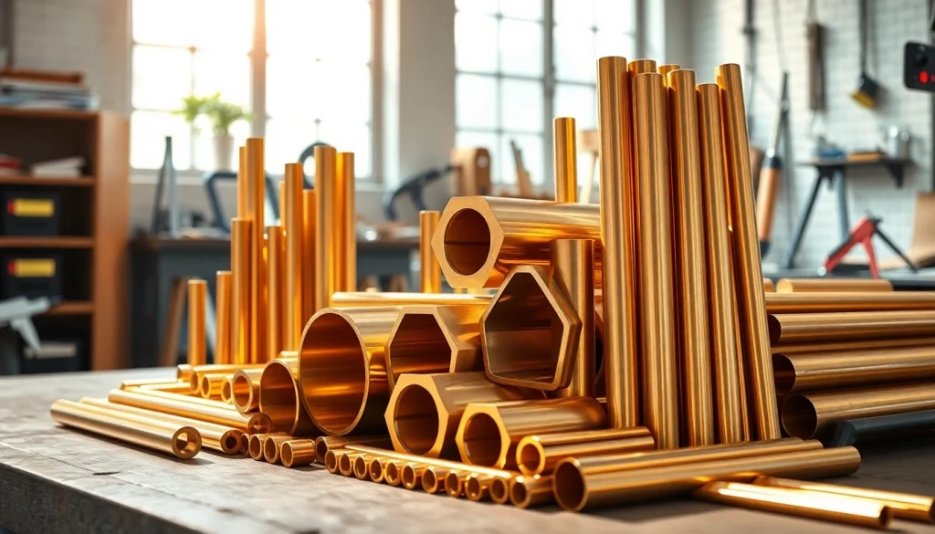 Bare de alamă (Bara alama) expuse într-un atelier modern, prezentând diverse profiluri și texturi.