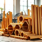 Bare de alamă (Bara alama) expuse într-un atelier modern, prezentând diverse profiluri și texturi.