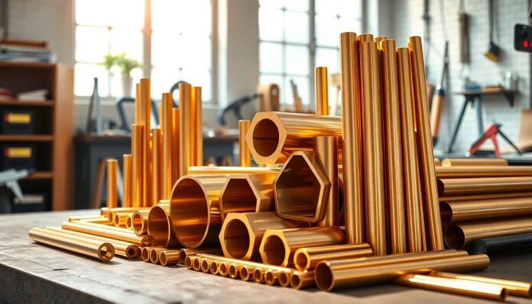 Bare de alamă (Bara alama) expuse într-un atelier modern, prezentând diverse profiluri și texturi.