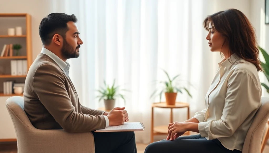 An experienced therapist addressing anxiety symptoms in a calming office.