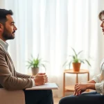 An experienced therapist addressing anxiety symptoms in a calming office.